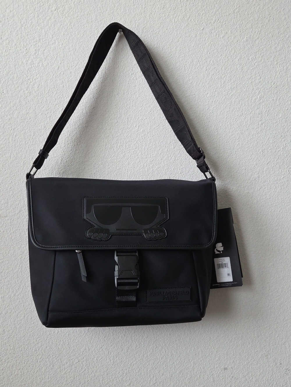 Karl Lagerfeld Amour Black Messenger Utility Crossbody Bag with Logo Flap Unisex
